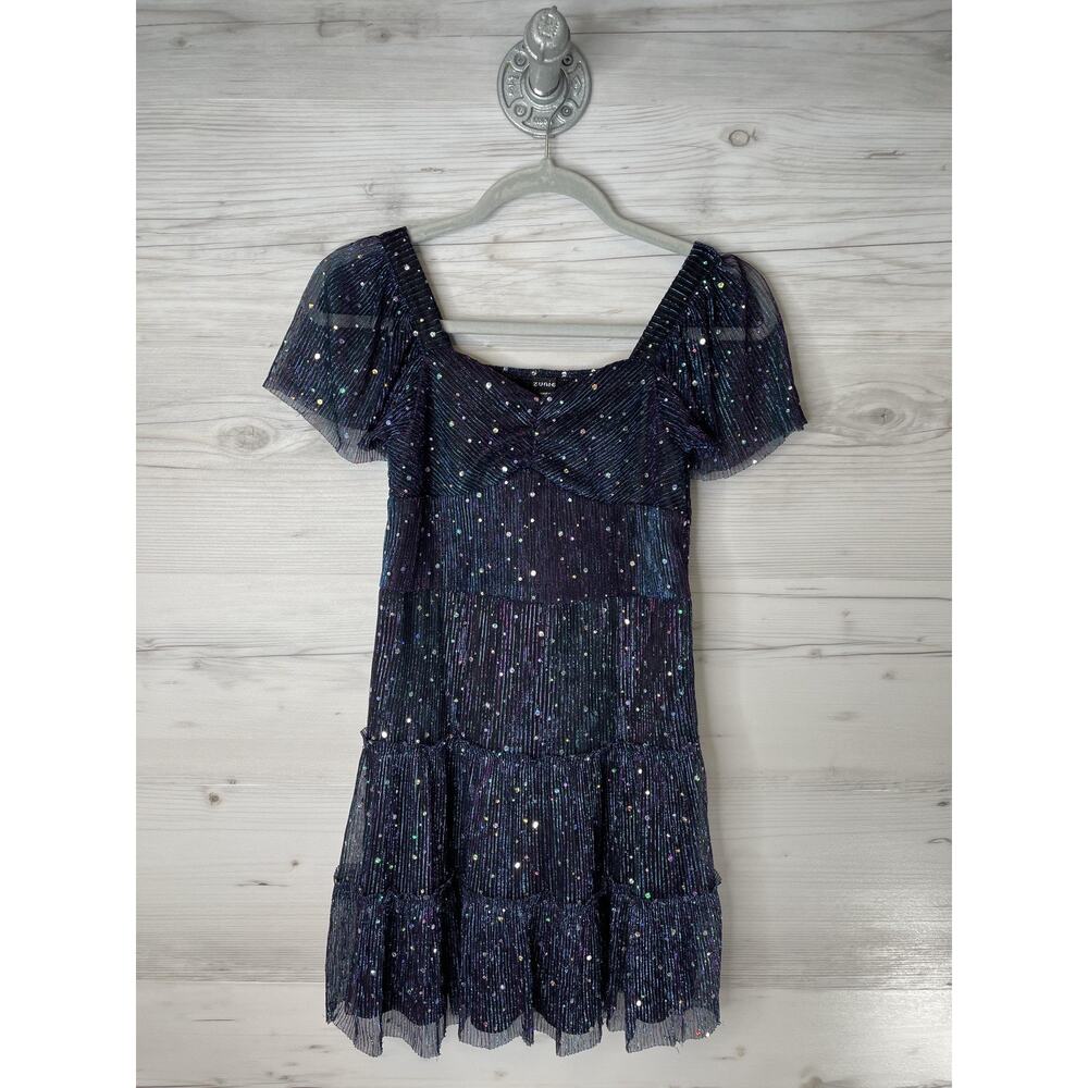 Zunie Dress Girls 12 Black Multi Metallic Sequin Tiered Party Flutter Sleeve‎